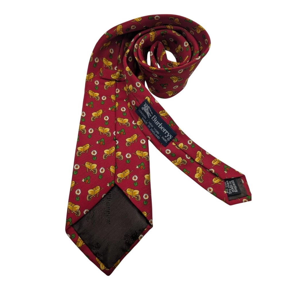Vtg Burberry 100% Silk Tie Burgundy Gold Wheelbarrows Daisy Garden England Retro